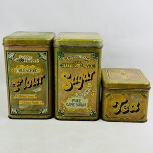 Vintage Cheinco Brown Homestead Metal 3 Canister Set Flour Sugar Tea‎ 1977 1978